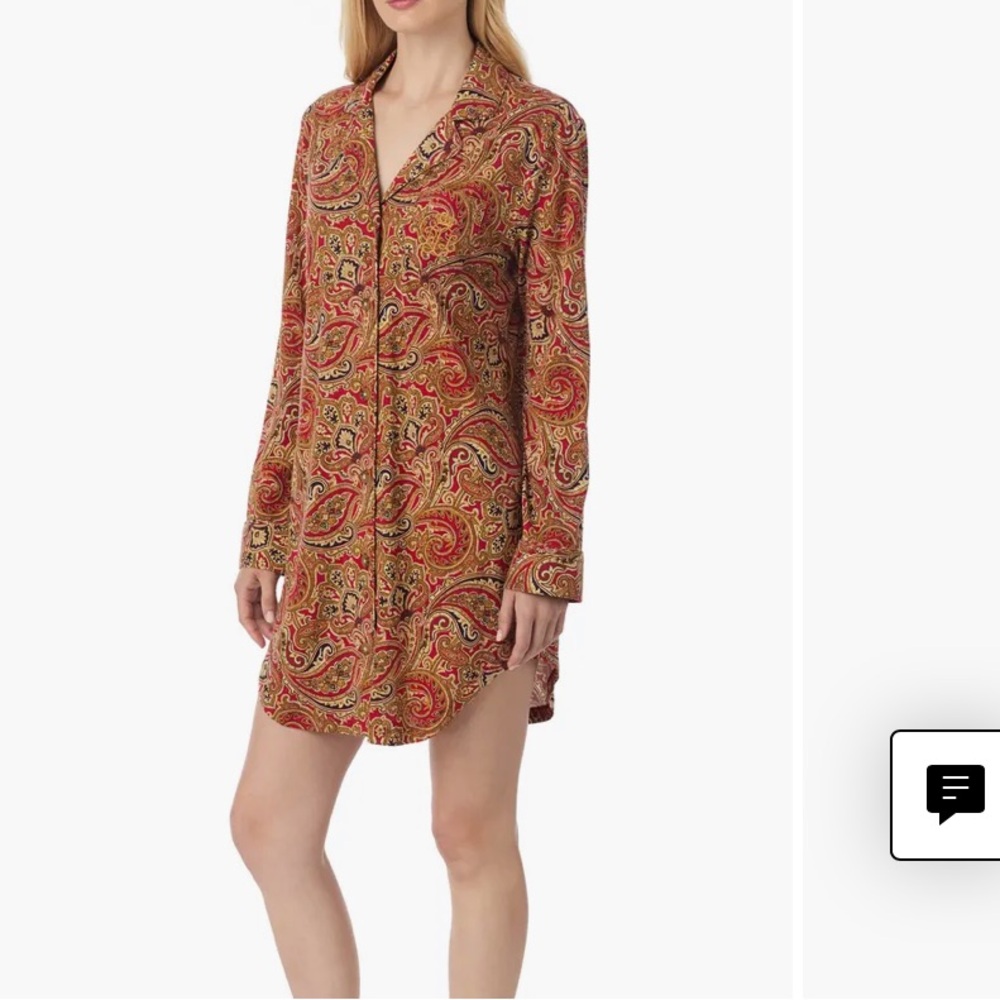 Lauren Ralph Lauren Red and Gold Paisley Cotton blend Long Sleeve Sleepshirt.